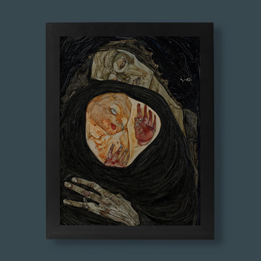 Egon Schiele Dead Mother 1910 Expressionist fine art print showing skeletal mother cradling a living child against a swirling dark background