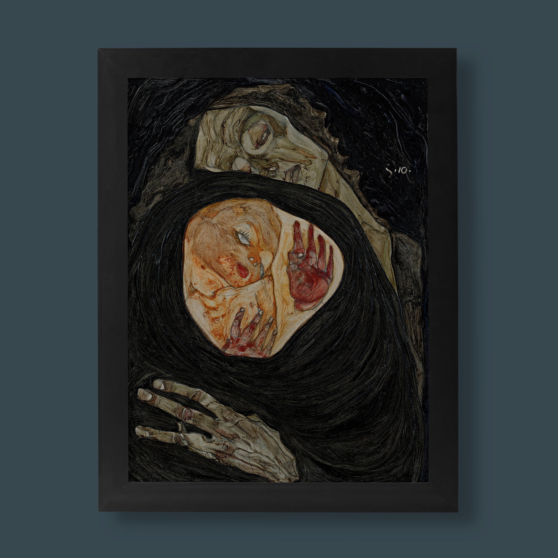 Egon Schiele Dead Mother 1910 Expressionist fine art print showing skeletal mother cradling a living child against a swirling dark background