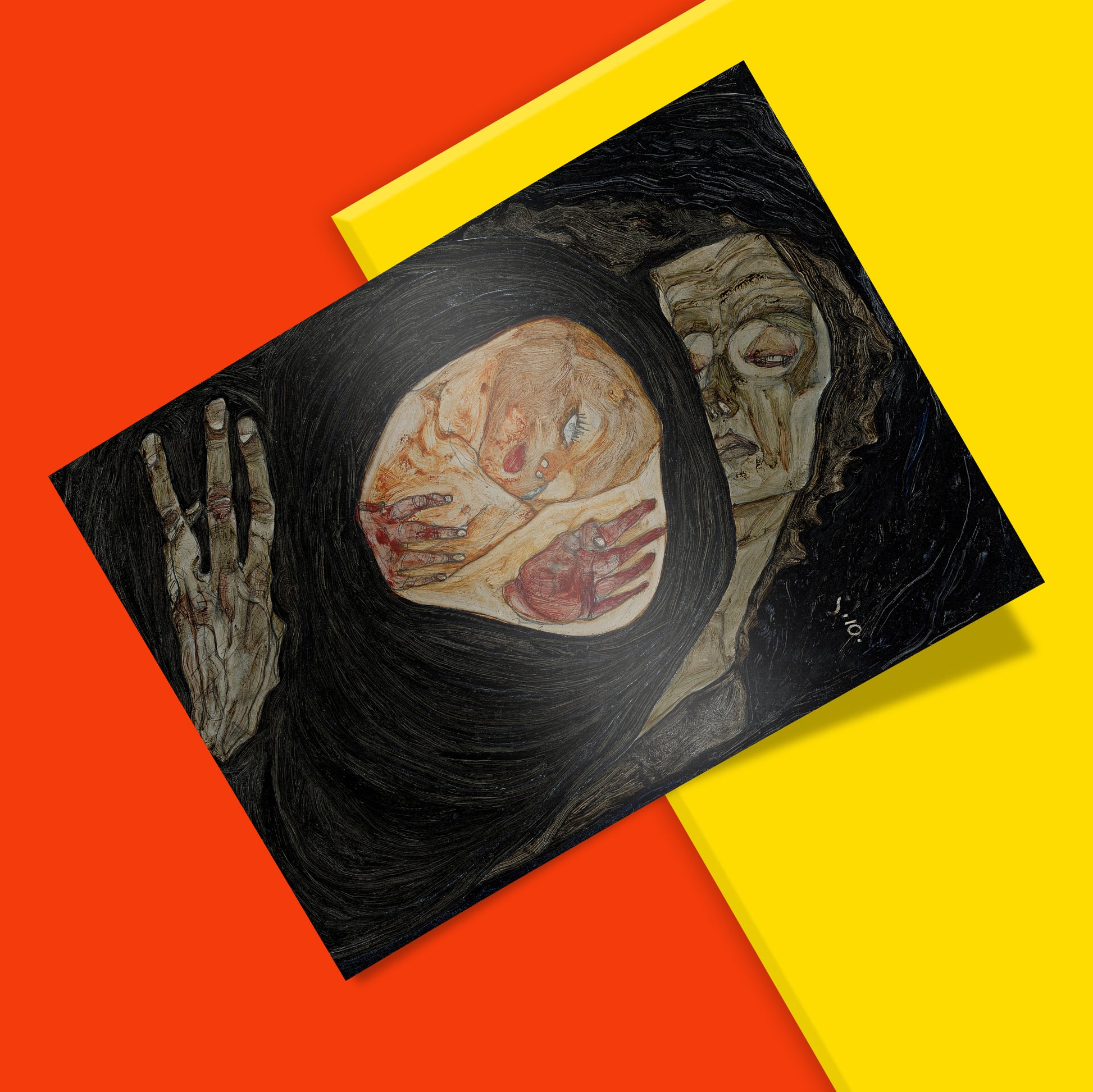 Vienna Expressionism fine art poster of Egon Schiele's Dead Mother 1910, depicting a mother and child in a dark Symbolist composition with skeletal hands