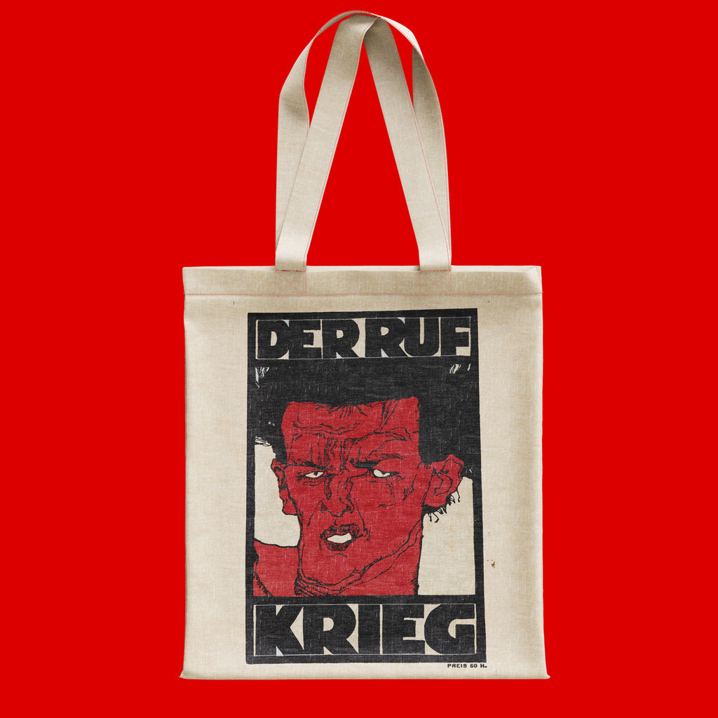 A premium 100% cotton art tote bag featuring a vibrant red Egon Schiele self-portrait from the 1912 Der Ruf Krieg magazine cover.