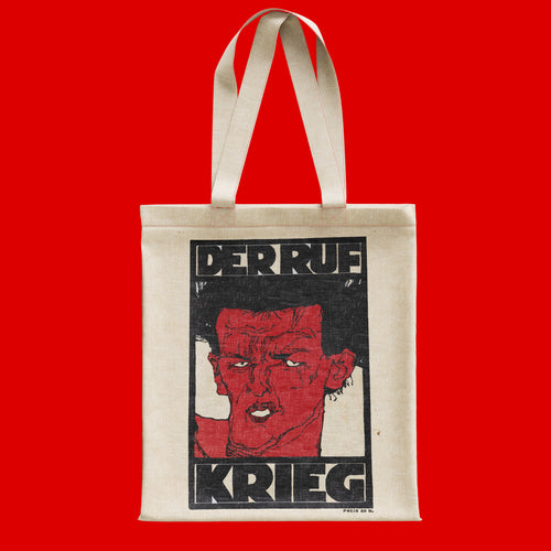 A premium 100% cotton art tote bag featuring a vibrant red Egon Schiele self-portrait from the 1912 Der Ruf Krieg magazine cover.