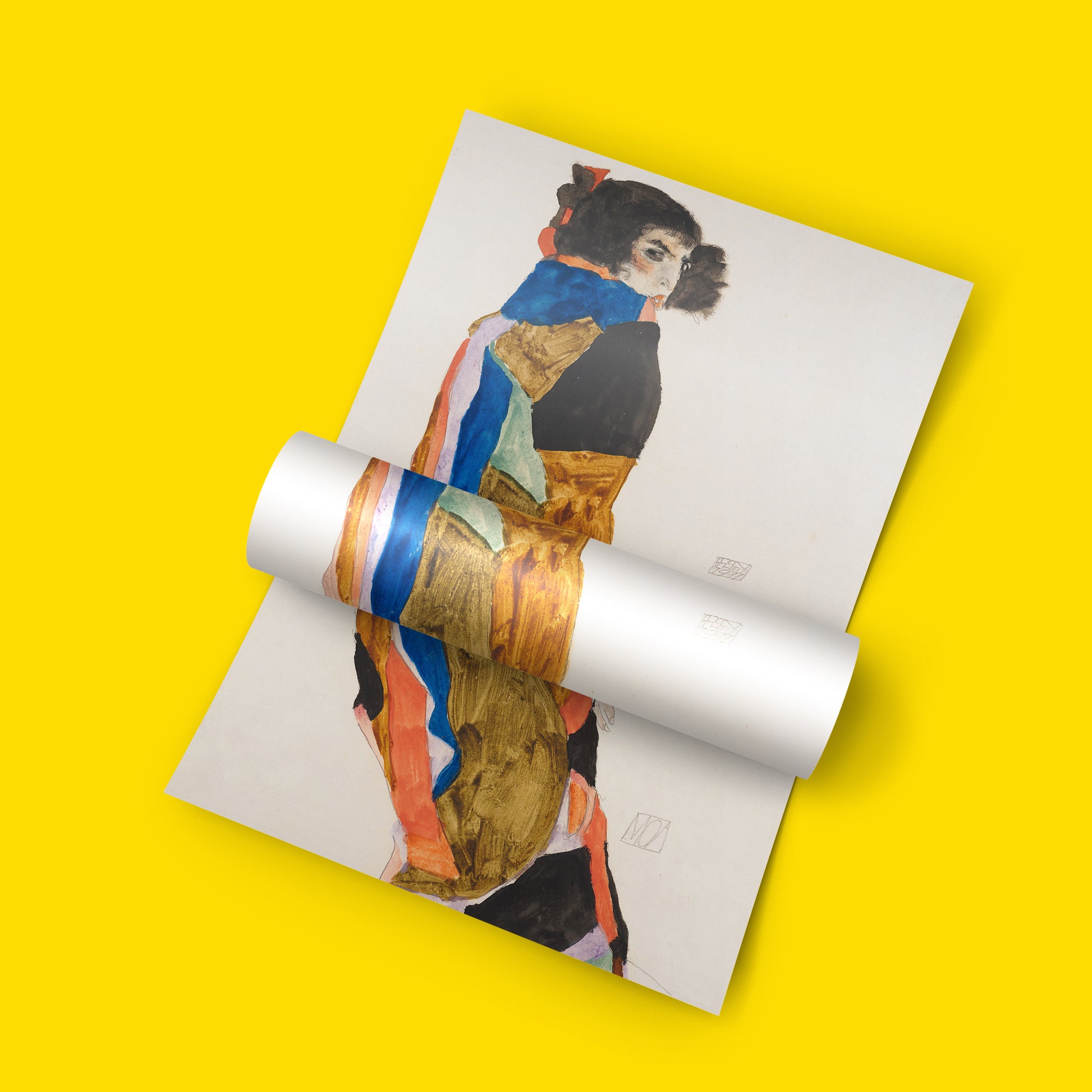 Egon Schiele Moa vintage art poster print, early 20th century Viennese expressionism, coral blue and ochre gouache painting