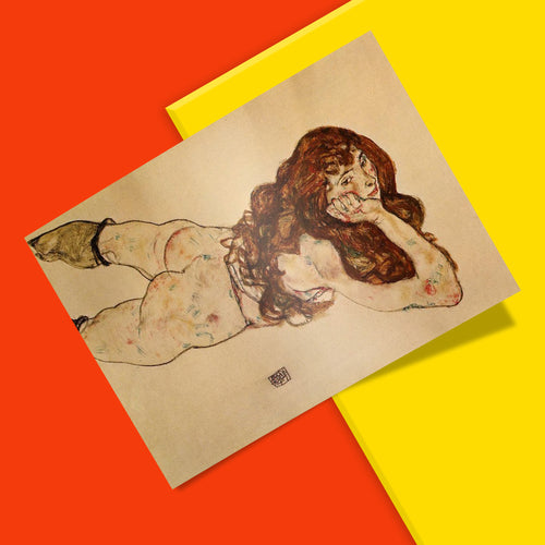 Egon Schiele figurative nude art print with smooth matte finish, iconic 20th century expressionist wall art