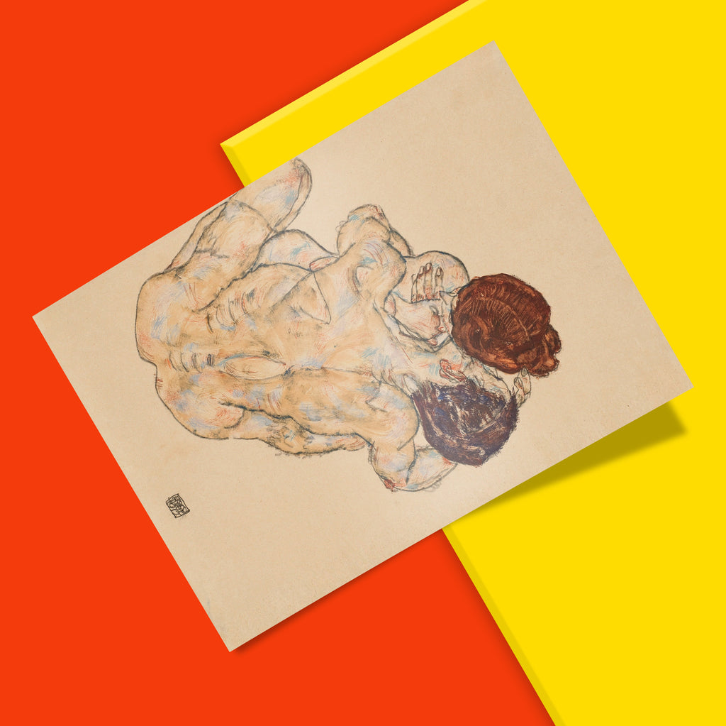 Egon Schiele 1917 The Embrace expressionist wall art print, vintage fine art poster with lovers embracing