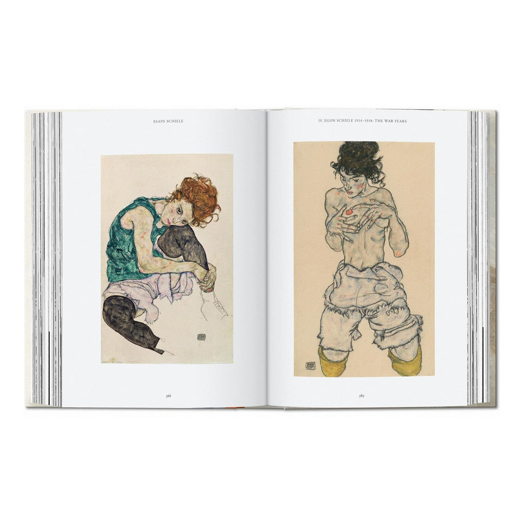 Egon Schiele figure studies from war years 1914-1918 featured in Taschen art book, Austrian Expressionist drawings showcasing distinctive elongated forms and contorted poses