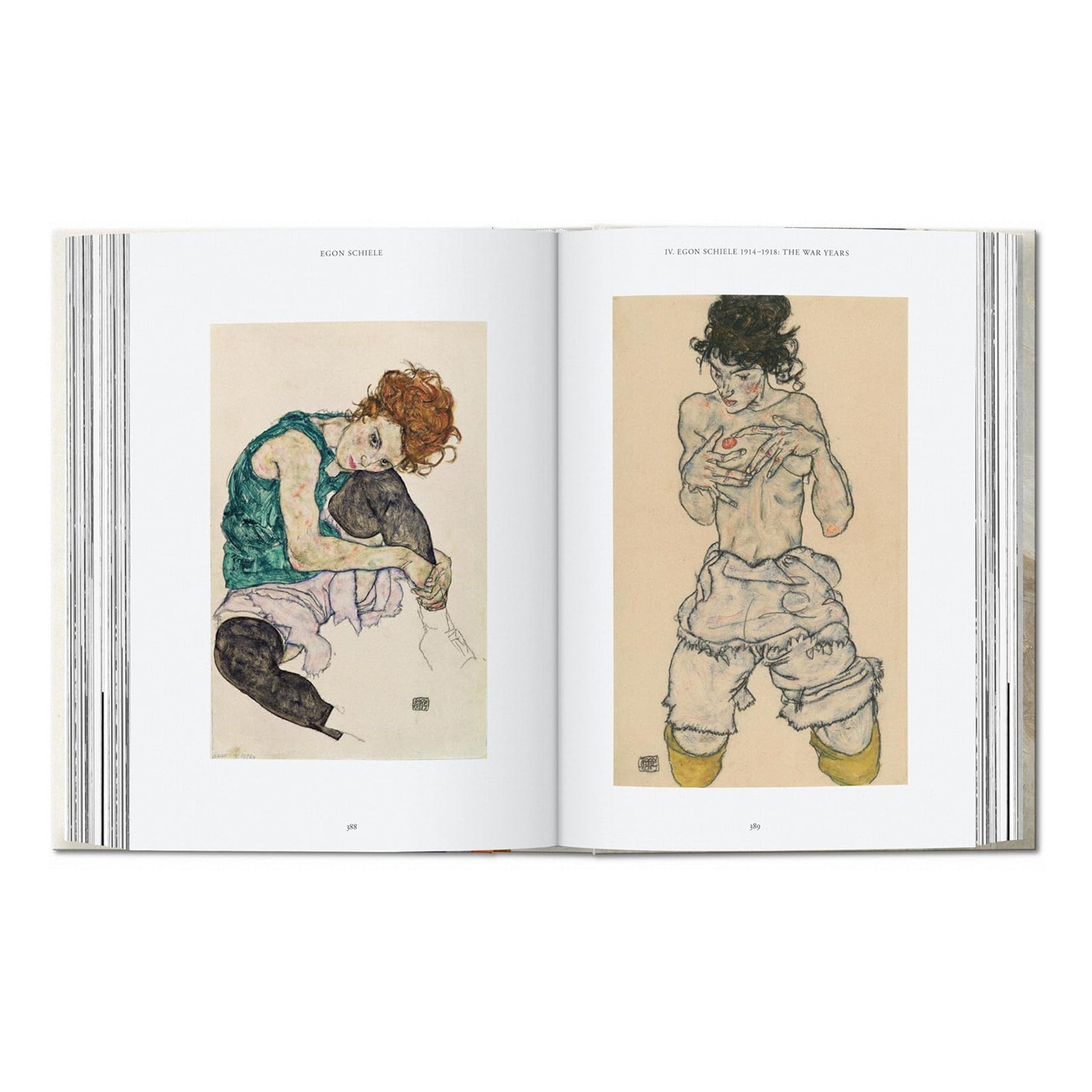 Egon Schiele figure studies from war years 1914-1918 featured in Taschen art book, Austrian Expressionist drawings showcasing distinctive elongated forms and contorted poses