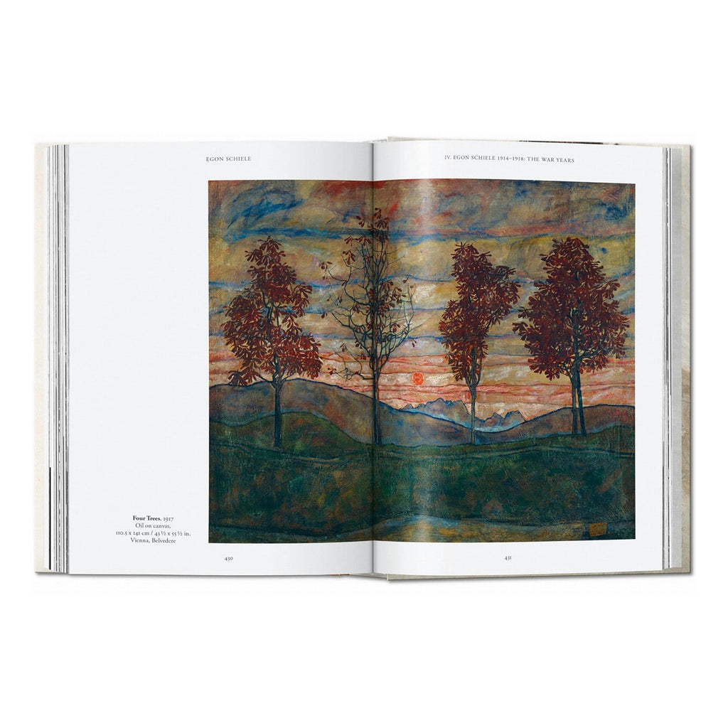Egon Schiele Four Trees 1917 oil painting from Vienna Belvedere Museum in Taschen coffee table book, rare landscape by Austrian Expressionist master with autumn colours