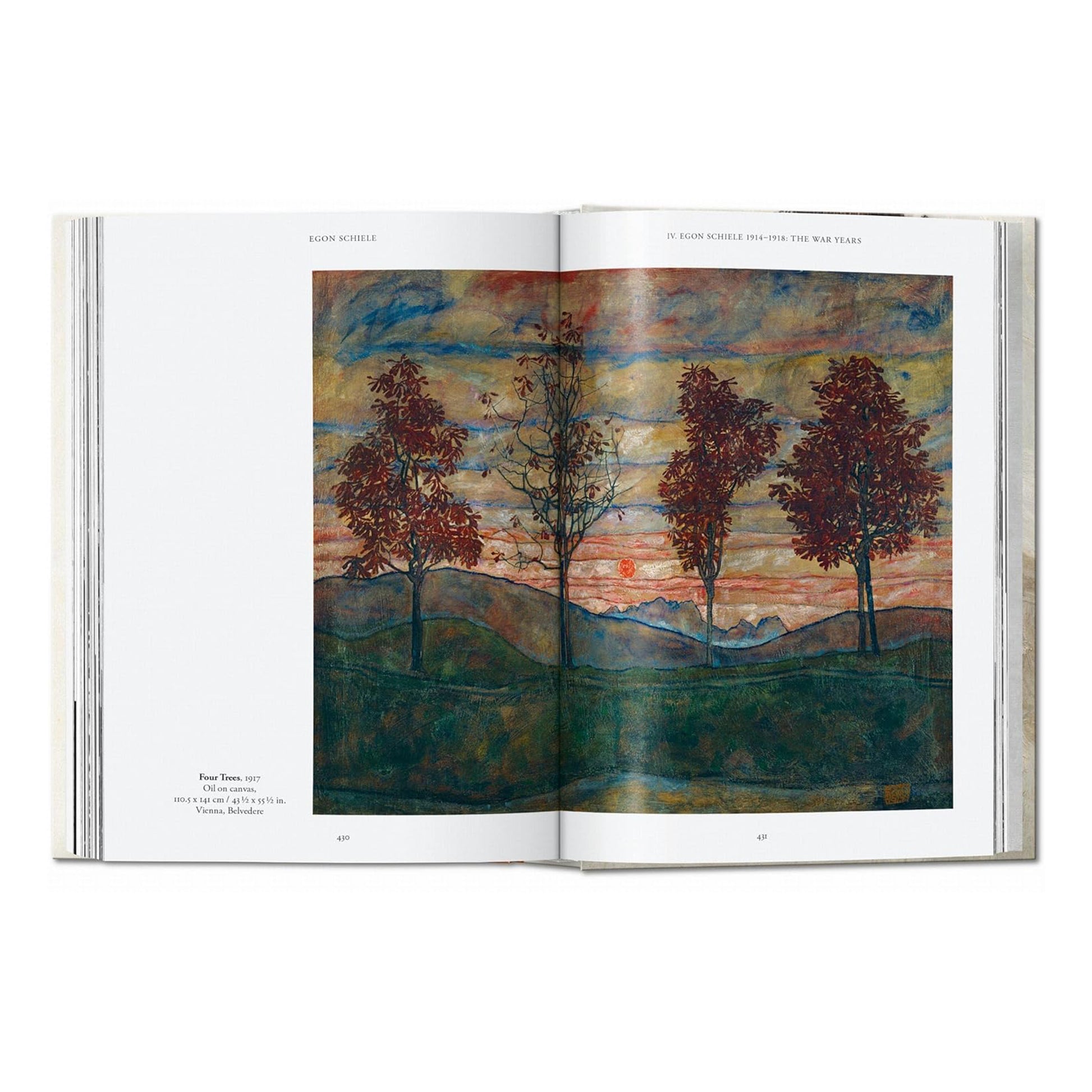 Egon Schiele Four Trees 1917 oil painting from Vienna Belvedere Museum in Taschen coffee table book, rare landscape by Austrian Expressionist master with autumn colours