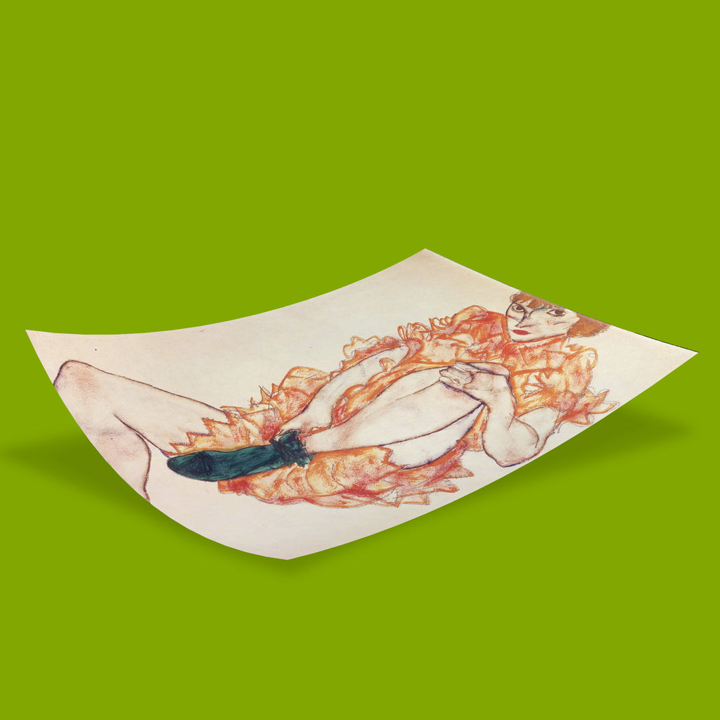 Figurative art print The Green Stocking by Egon Schiele, a 1914 gouache and pencil work exploring identity and ambiguity.