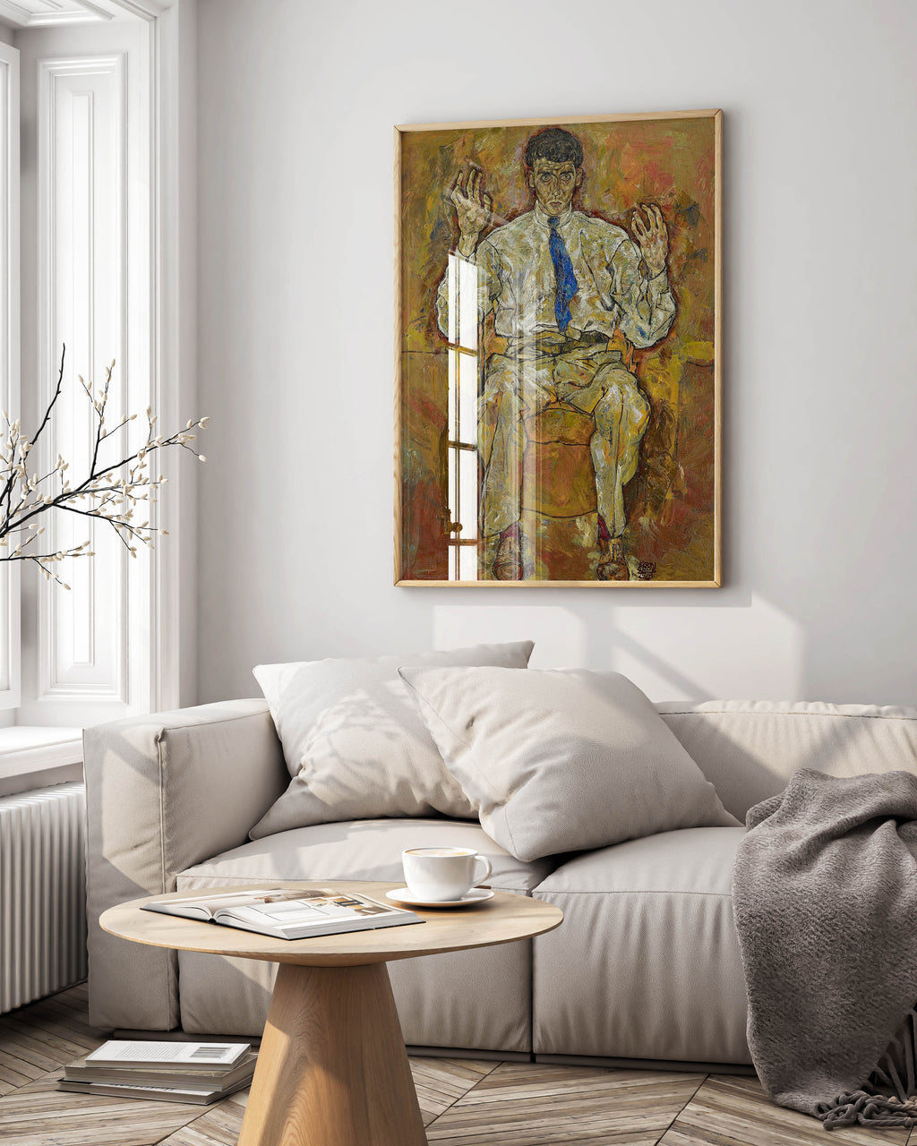 Egon Schiele Portrait of Albert Paris von Gütersloh framed art print displayed on wall showing expressionist portrait with raised hands - modern home interior wall art decor
