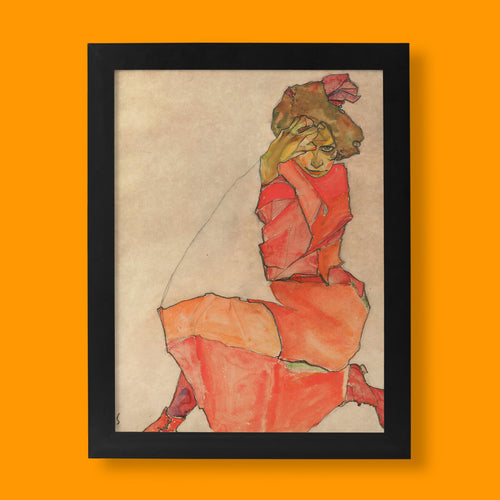 Egon Schiele Kneeling Female in Orange-Red Dress fine art print, a 1910 Austrian Expressionist figure study in vivid orange and red.