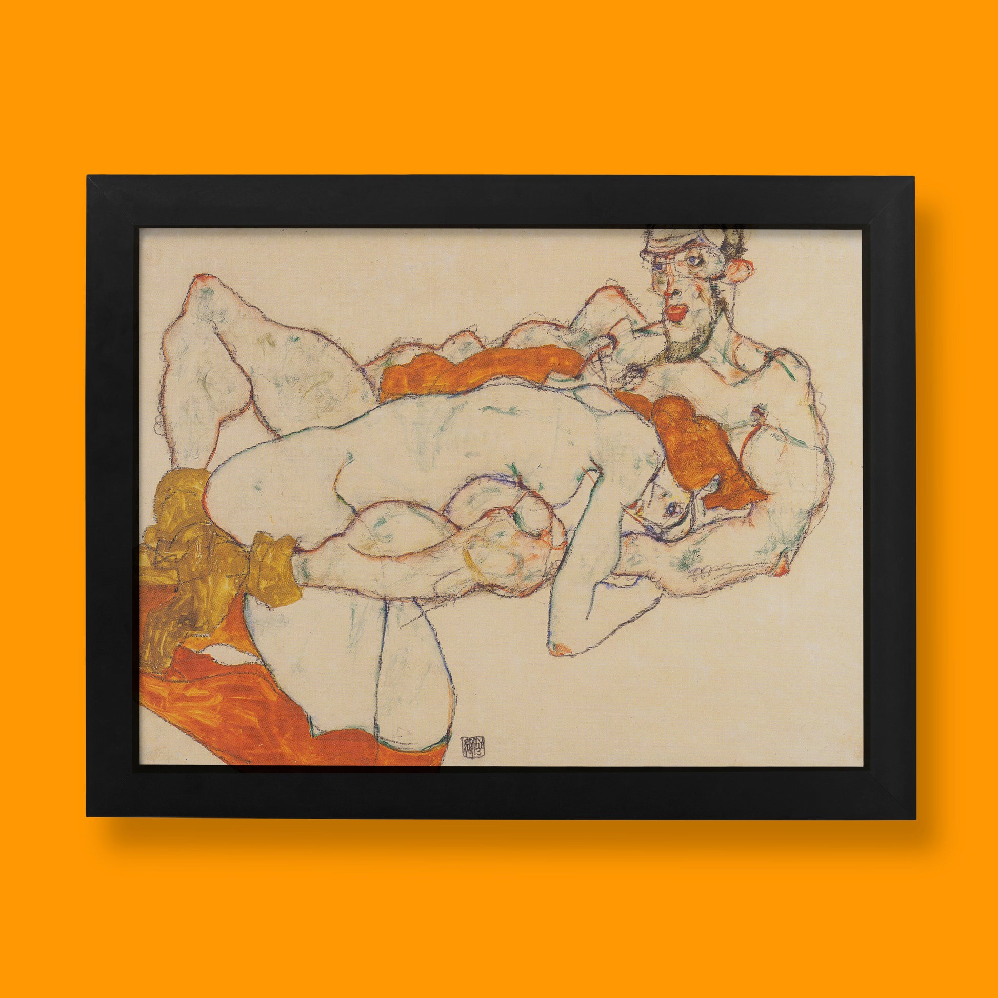 Egon Schiele, a titan of Austrian Expressionism, is renowned for his raw, unflinching portrayals of the human form and psyche. This particular art print, known as 'Liebespaar' (Lovers), created in 1913, is a fascinating example of his revolutionary vision. Far from a conventional embrace, Schiele meticulously arranged his girlfriend with his painter-colleague Felix Albrecht Harta in a composition that challenges traditional gender roles. Notice how the male figure adopts a more yielding posture, while the f