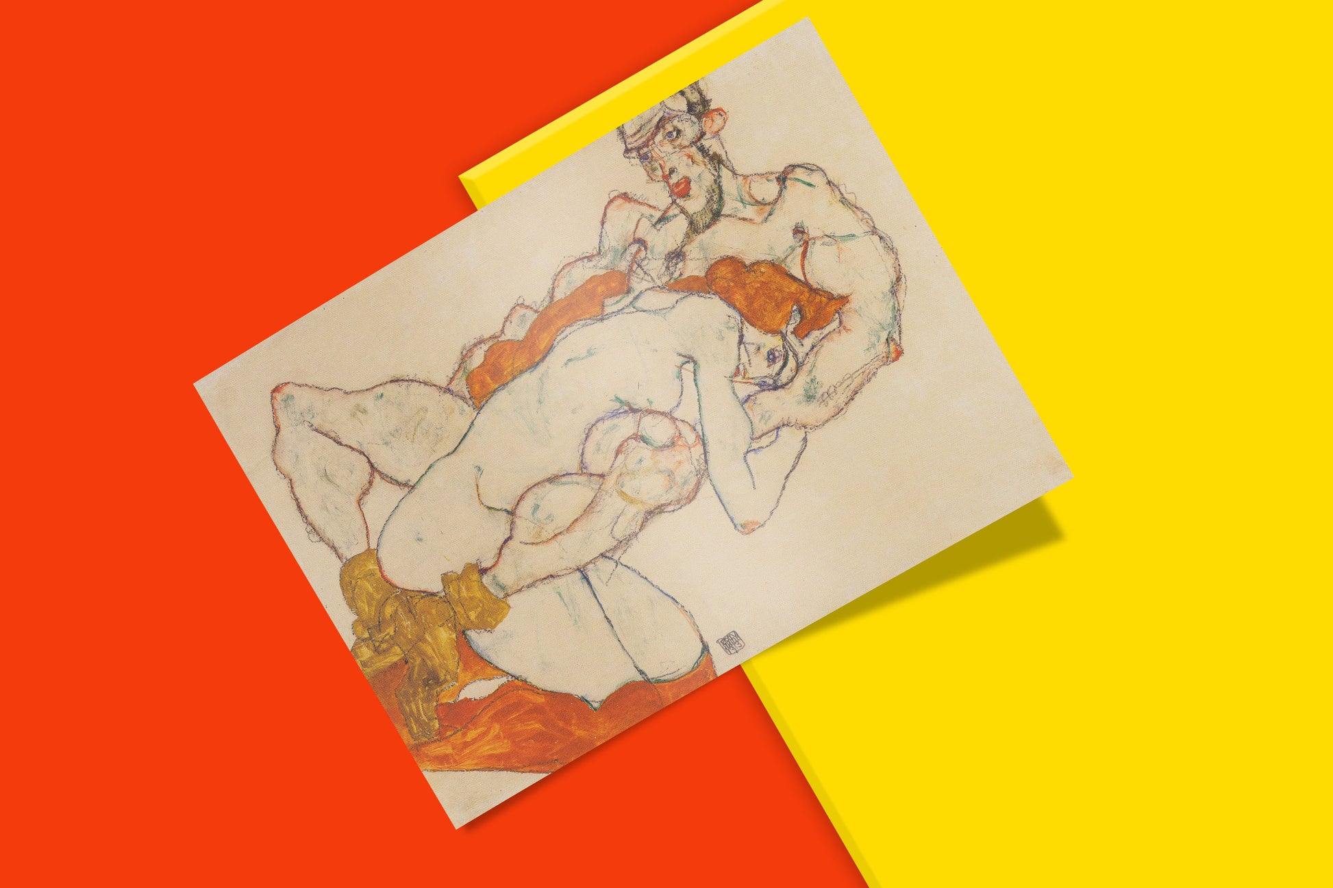Egon Schiele 'Lovers' art print, showcasing the vibrant giclée quality, perfect for UK contemporary home decor.