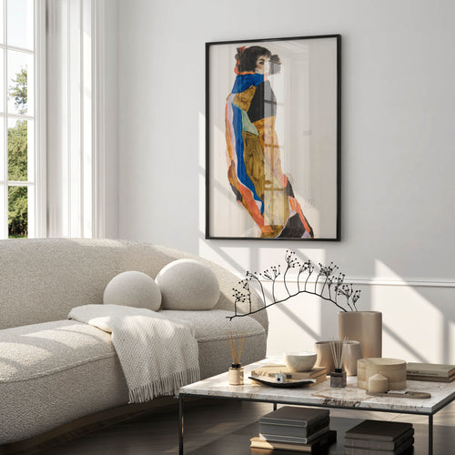 Egon Schiele Moa wall art giclée print, Austrian expressionism, woman in colourful costume in cobalt blue and ochre