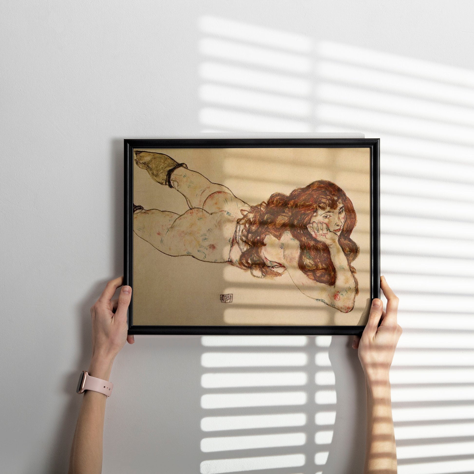 Egon Schiele Female Nude on Her Stomach vintage expressionist art print, luxury wall art for living room and bedroom décor