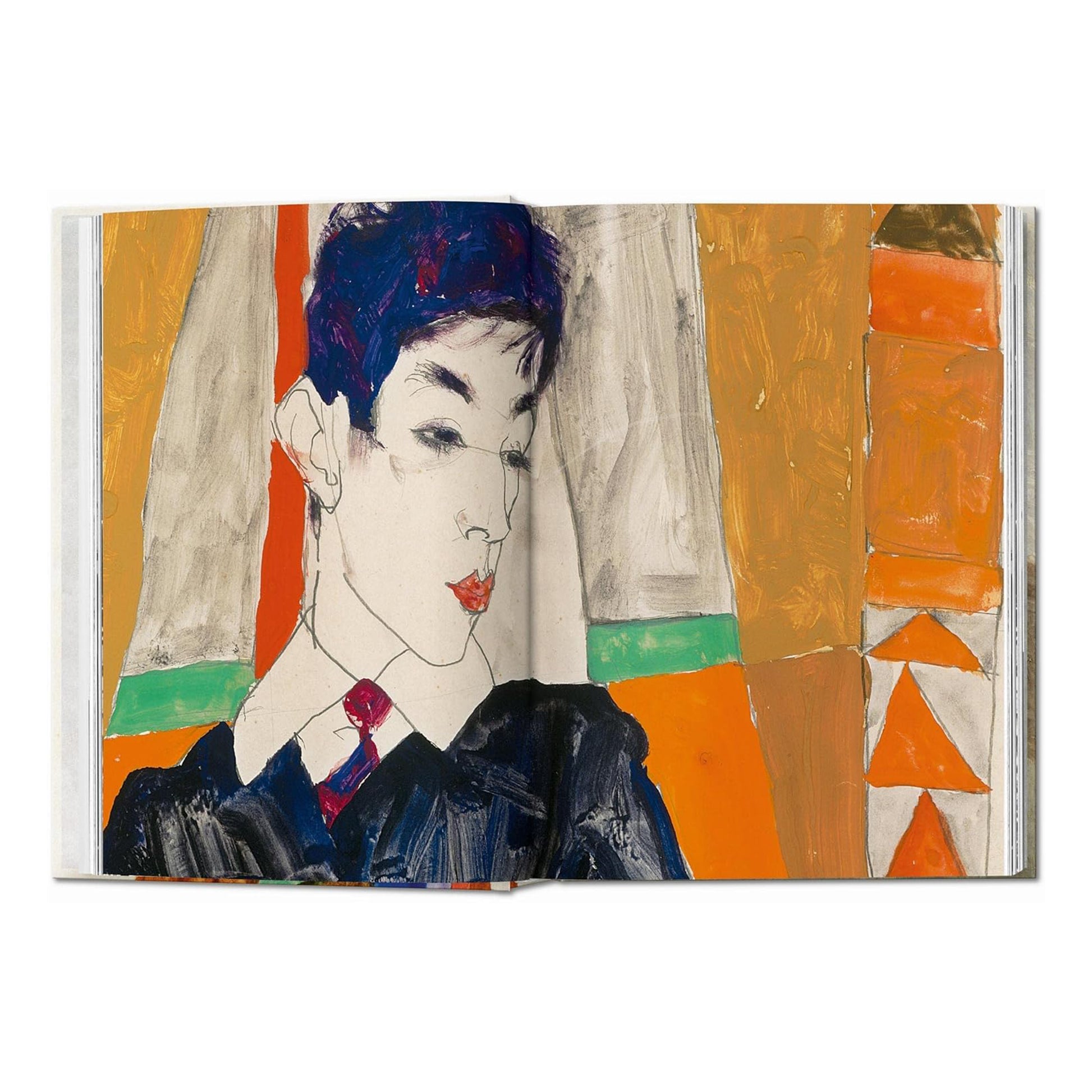 Egon Schiele portrait painting with vibrant geometric background from Taschen luxury art book, showcasing Viennese Expressionism and modern art colour theory