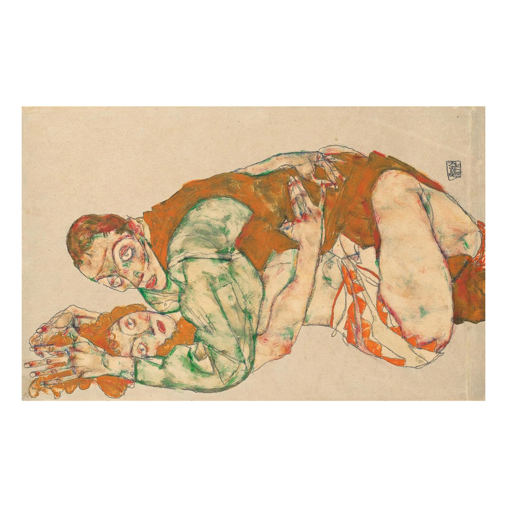 Egon Schiele erotic drawing of reclining couple from Taschen paintings book, Austrian Expressionist figurative art with characteristic linear style and bold colour palette