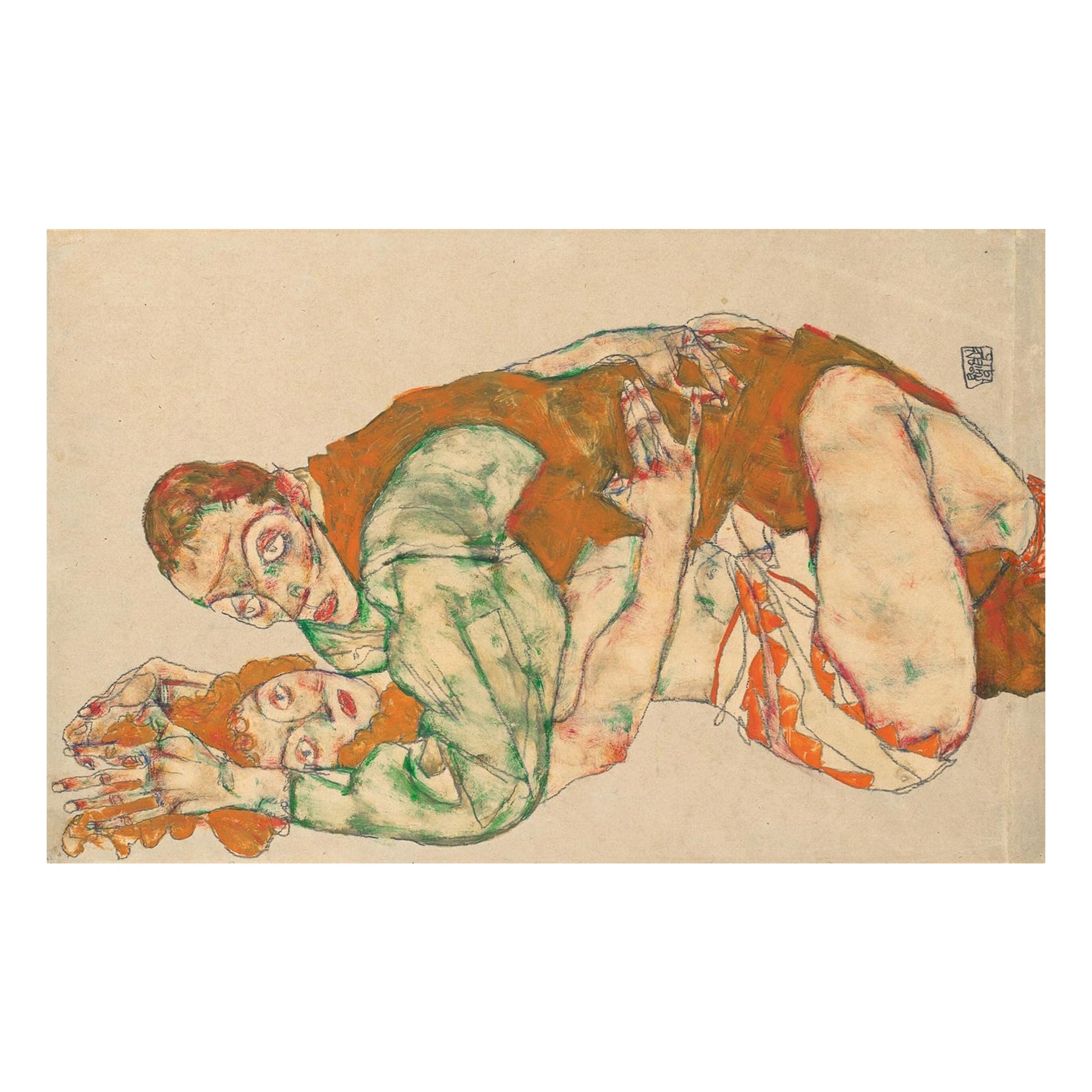 Egon Schiele erotic drawing of reclining couple from Taschen paintings book, Austrian Expressionist figurative art with characteristic linear style and bold colour palette