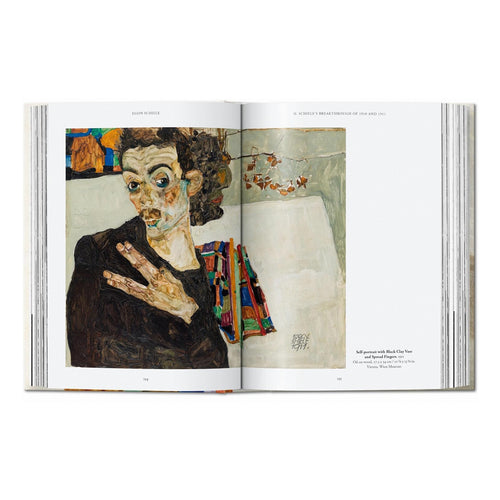 Interior spread from Egon Schiele Taschen art book showing Self-Portrait with Black Clay Vase 1911 from Wien Museum, Austrian Expressionist masterpiece with museum-quality reproduction