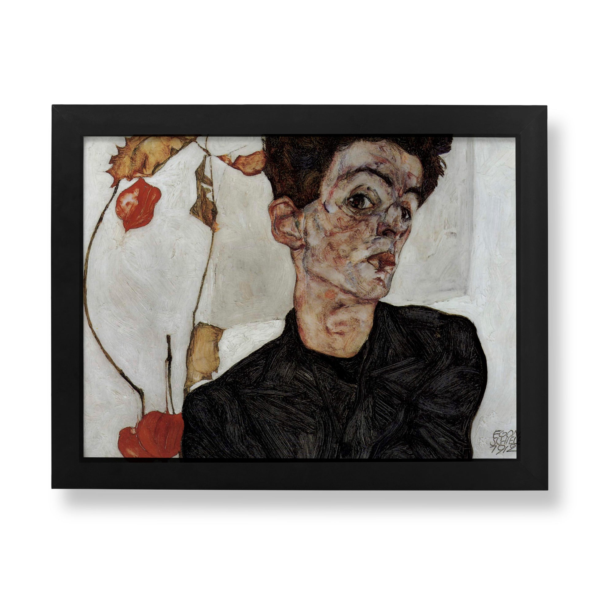 Egon Schiele Self-Portrait with Chinese Lantern Plant fine art print, an iconic Expressionist painting, perfect for wall art and art collectors.