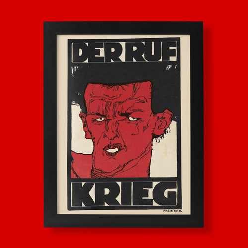 A vivid red Egon Schiele self-portrait featured on the 1912 Der Ruf magazine cover, a premier example of Austrian Expressionism wall art.