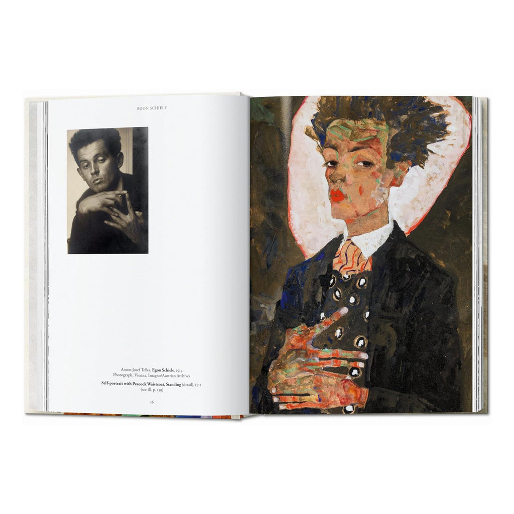 Egon Schiele Taschen book interior featuring 1914 photograph and Self-Portrait with Peacock Waistcoat 1911, luxury art book showcasing expressionist painter biography and artwork
