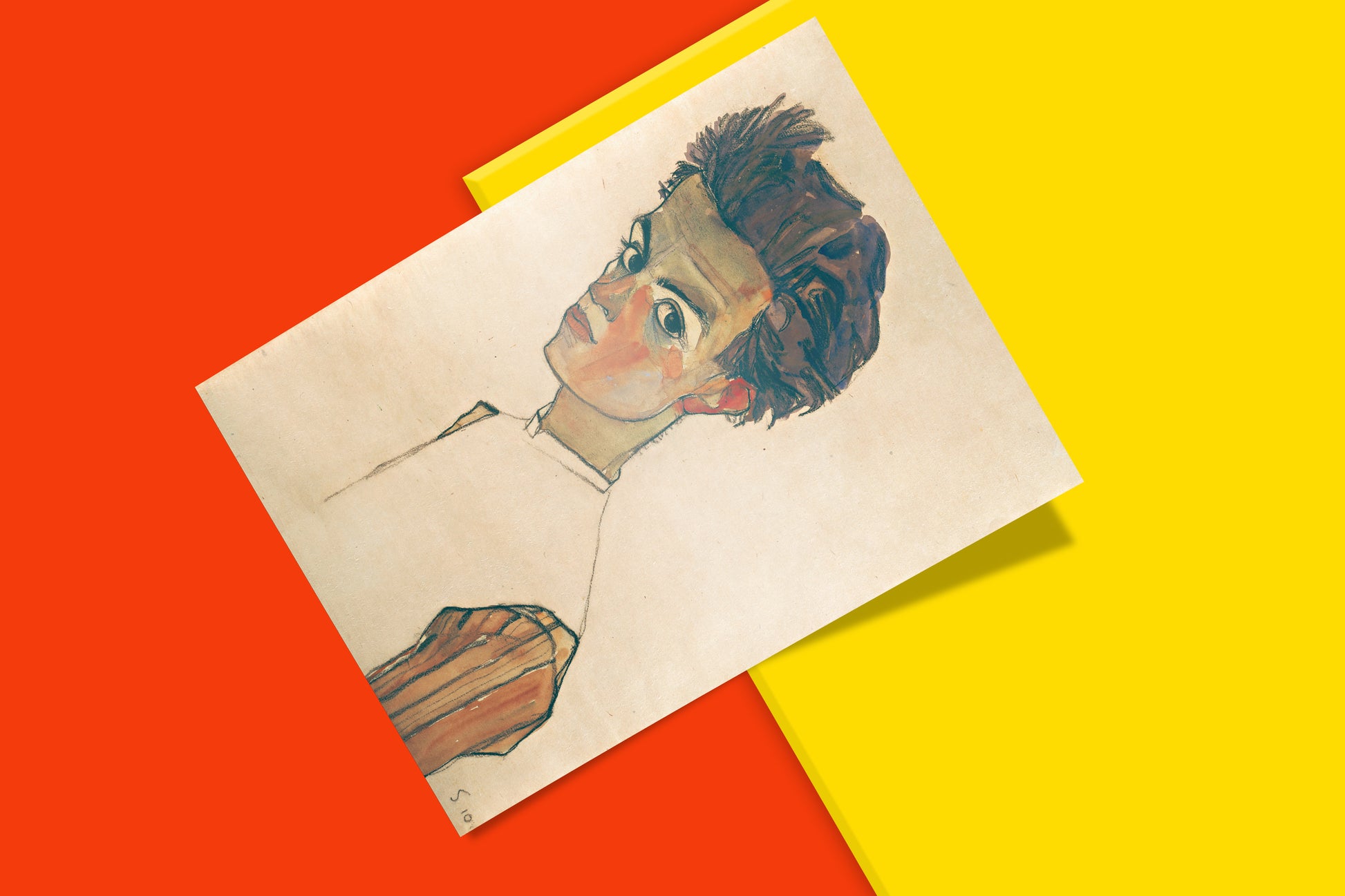 Egon Schiele Self-Portrait with Striped Shirt art print angled on a two-tone background, Expressionist portrait, early 20th century Austrian art, reproduction.