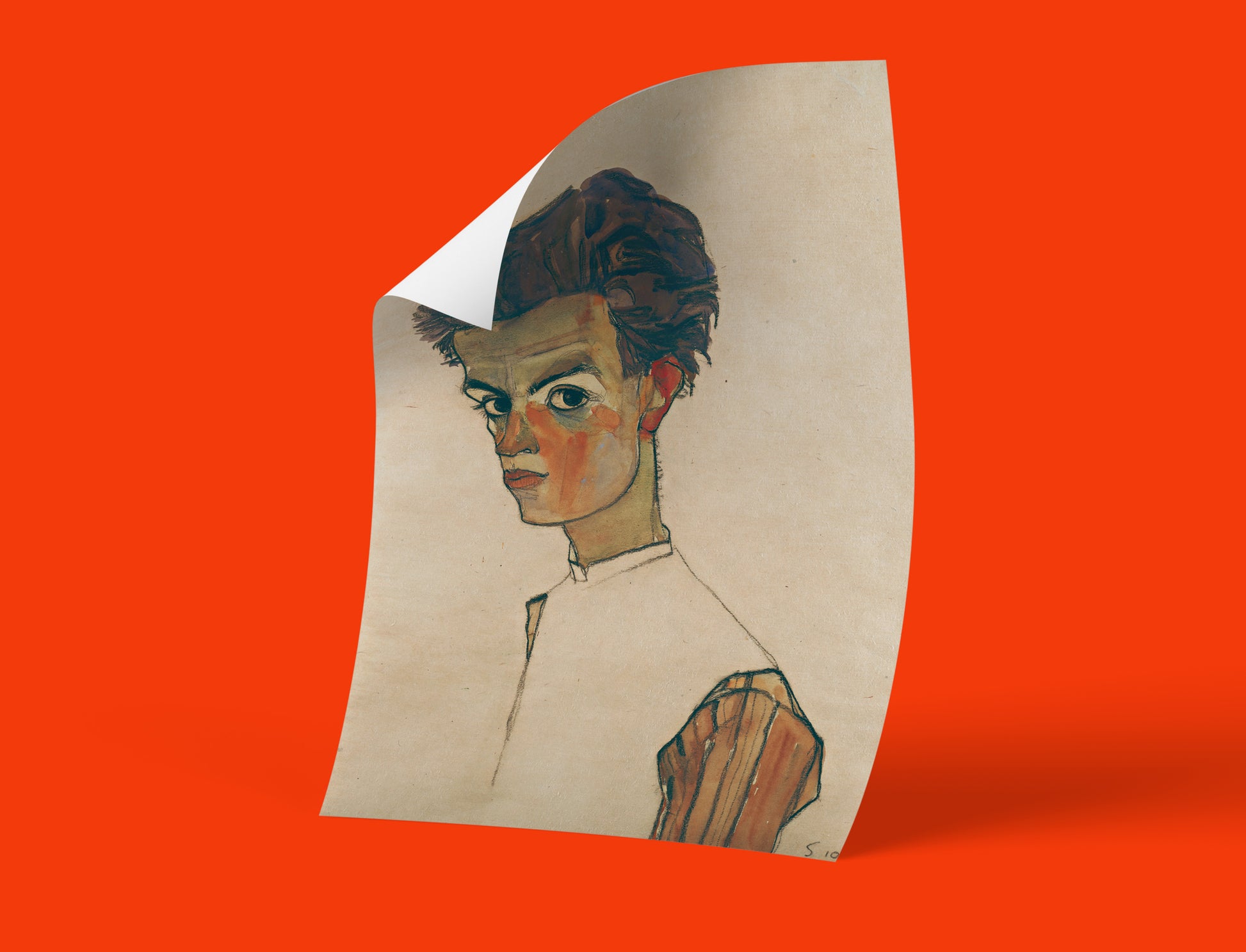 Egon Schiele Self-Portrait with Striped Shirt art print with curled corner, Expressionist portrait, early 20th century Austrian art, reproduction.