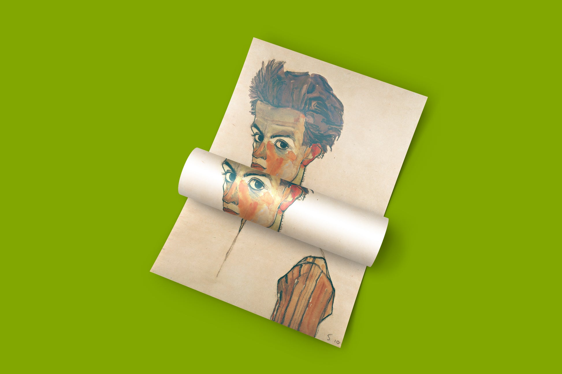 Egon Schiele Self-Portrait with Striped Shirt art print being rolled, Expressionist portrait, early 20th century Austrian art, reproduction.