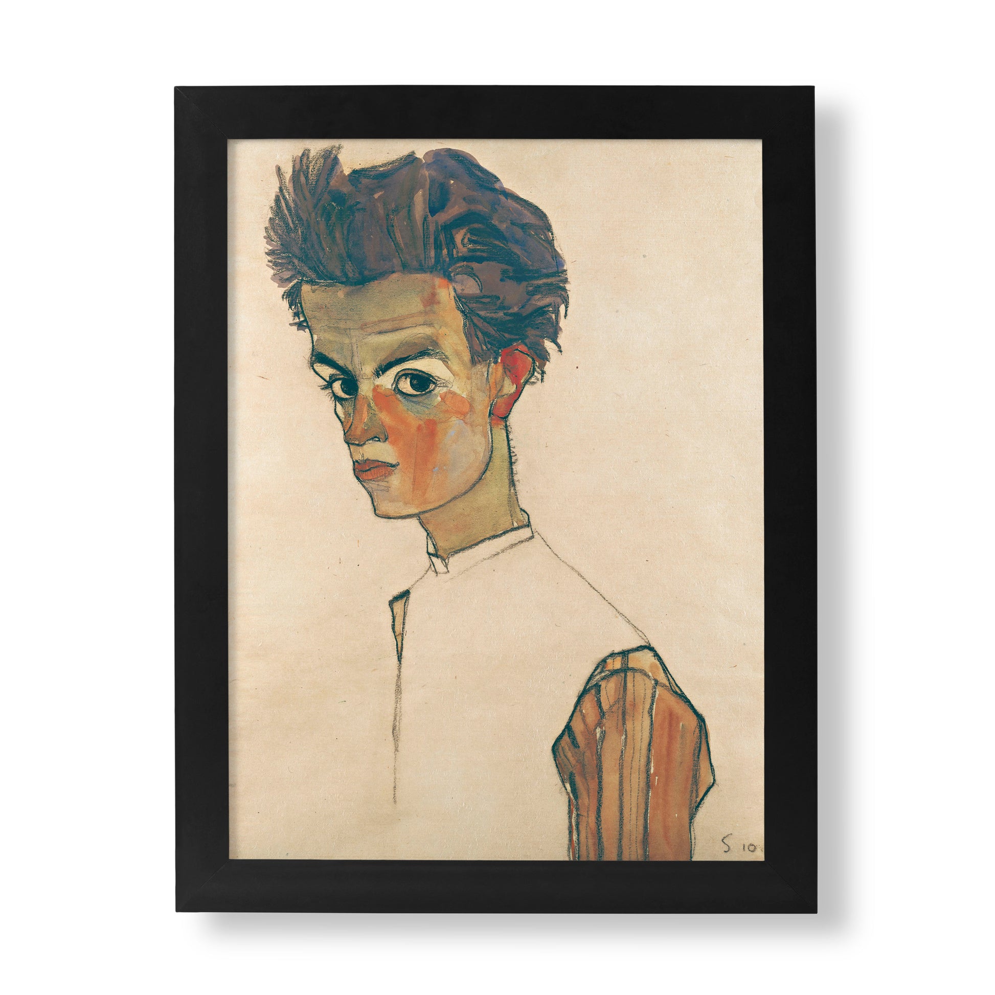 Egon Schiele Self-Portrait with Striped Shirt art print, Expressionist portrait, early 20th century Austrian art, master artwork reproduction.
