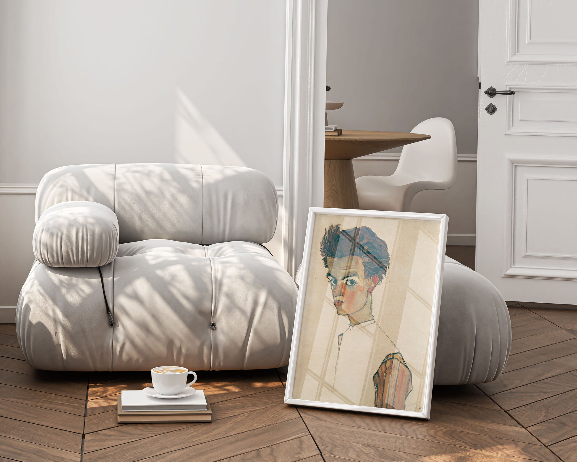 Framed Egon Schiele Self-Portrait with Striped Shirt art print in a bright living room, modern furniture, Expressionist wall art, home decor inspiration.