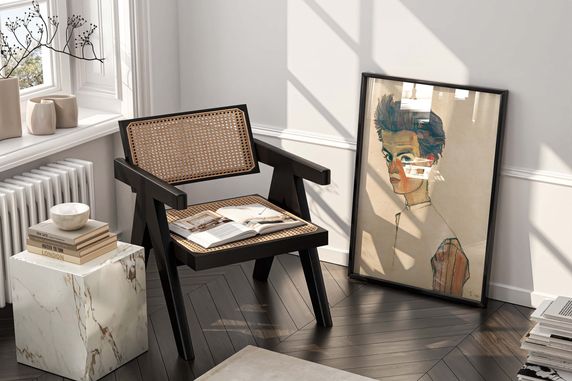Egon Schiele Self-Portrait with Striped Shirt framed art print in a modern living room, Expressionist decor, contemporary interior design.