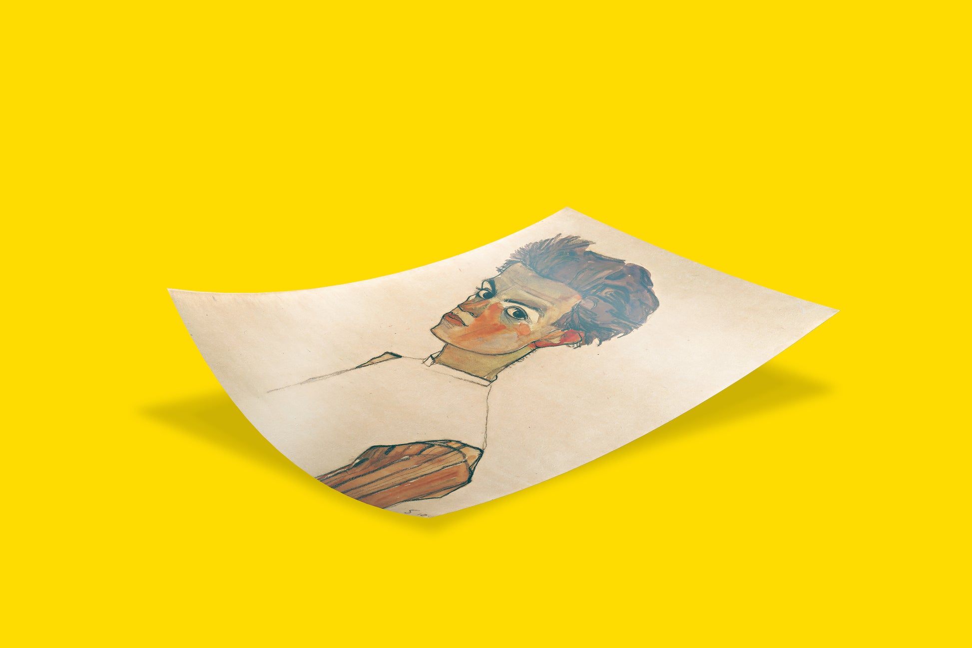 Egon Schiele Self-Portrait with Striped Shirt art print on a yellow background, Expressionist masterpiece, early 20th century Austrian art, museum quality reproduction.