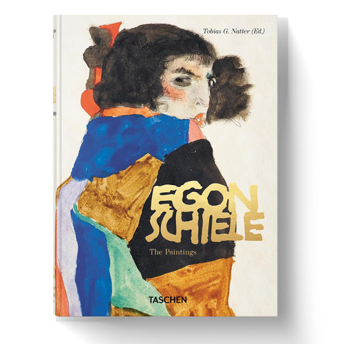 Egon Schiele The Paintings luxury art book cover by Taschen featuring expressionist portrait with vibrant blue and orange colours, essential coffee table book for modern art collectors