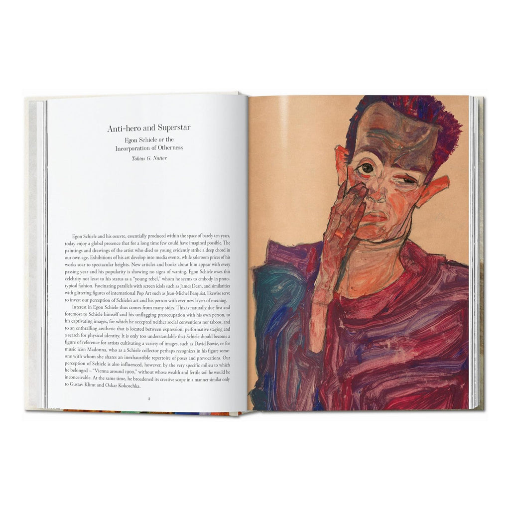 Essay page from Egon Schiele Taschen art book by Tobias Natter titled Anti-hero and Superstar featuring expressionist self-portrait, comprehensive art history coffee table book