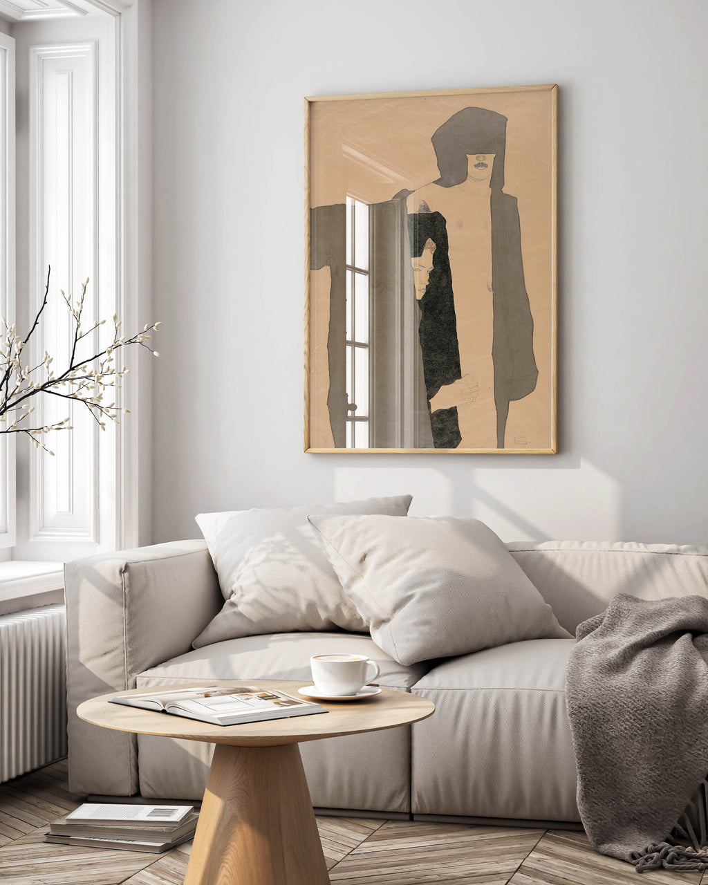 Egon Schiele The Couple framed art print displayed on wall showing expressionist intimate embrace drawing - modern home interior wall art decor