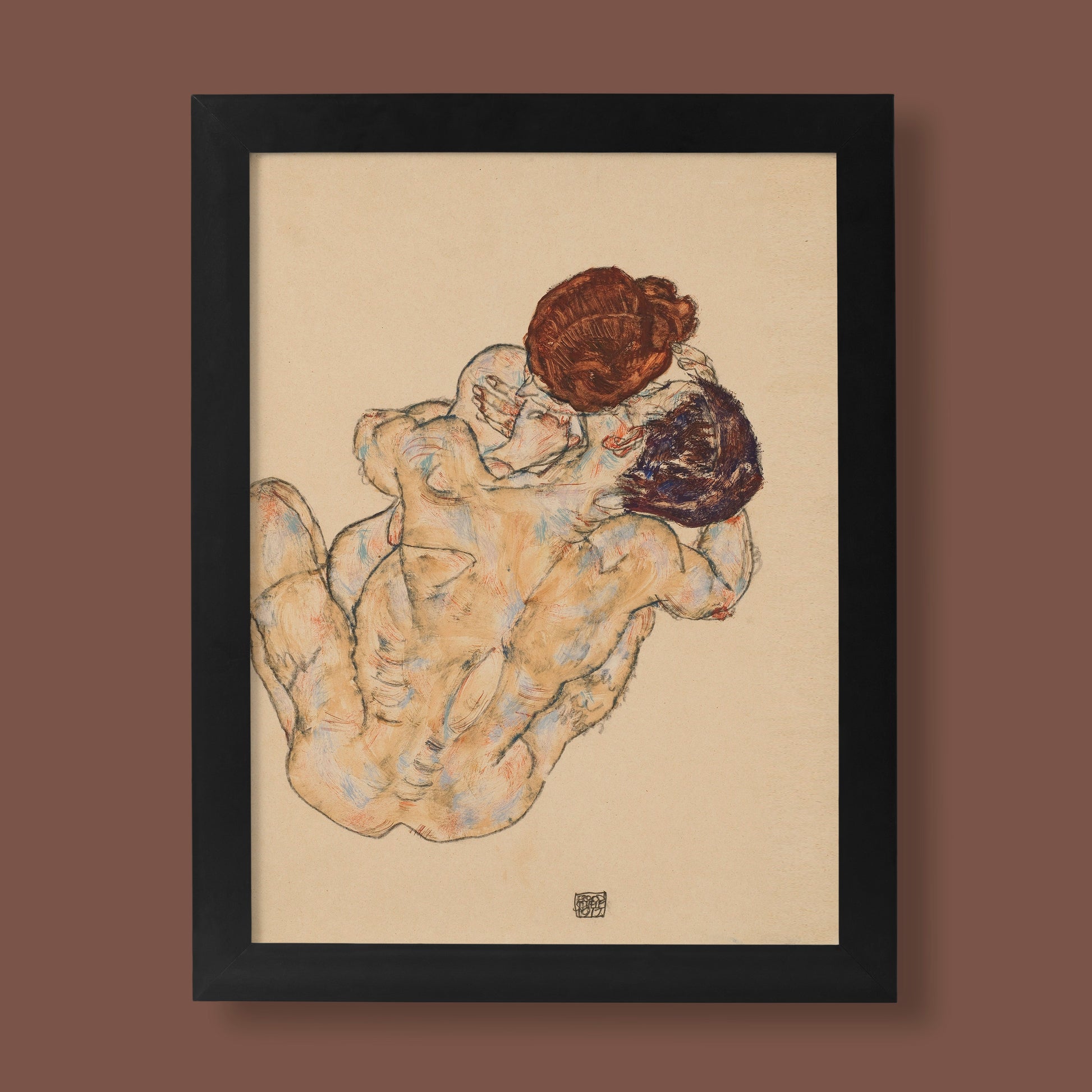 Egon Schiele The Embrace fine art print showing two lovers in intimate embrace, Austrian Expressionist wall art poster