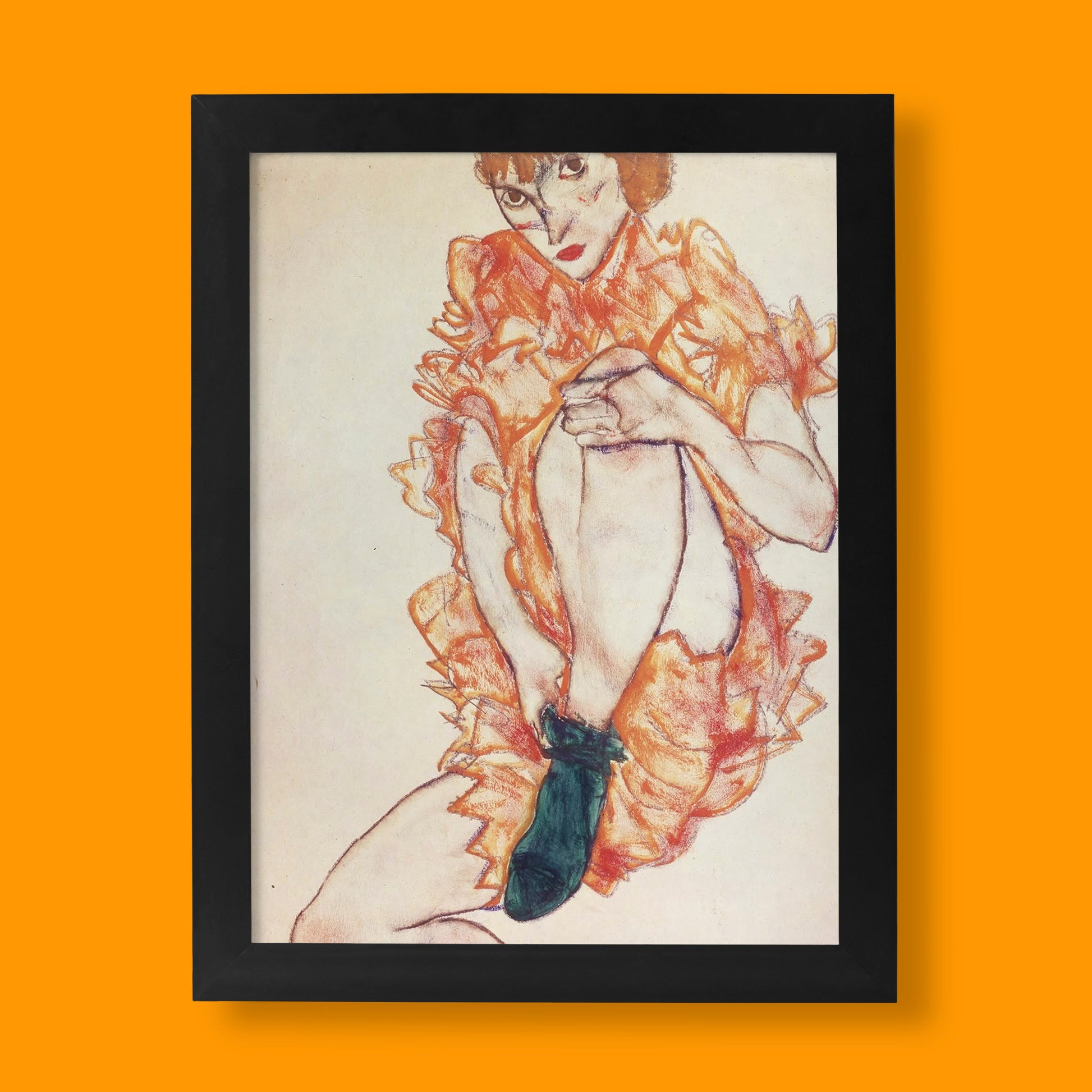 Egon Schiele's The Green Stocking fine art print, a Vienna Secession gouache and pencil artwork featuring vivid orange and emerald tones.