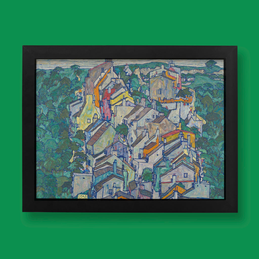 Egon Schiele Town among Greenery art print showing colourful houses with terracotta roofs nestled among lush green trees in Krumau, Bohemia - fine art poster for wall decor