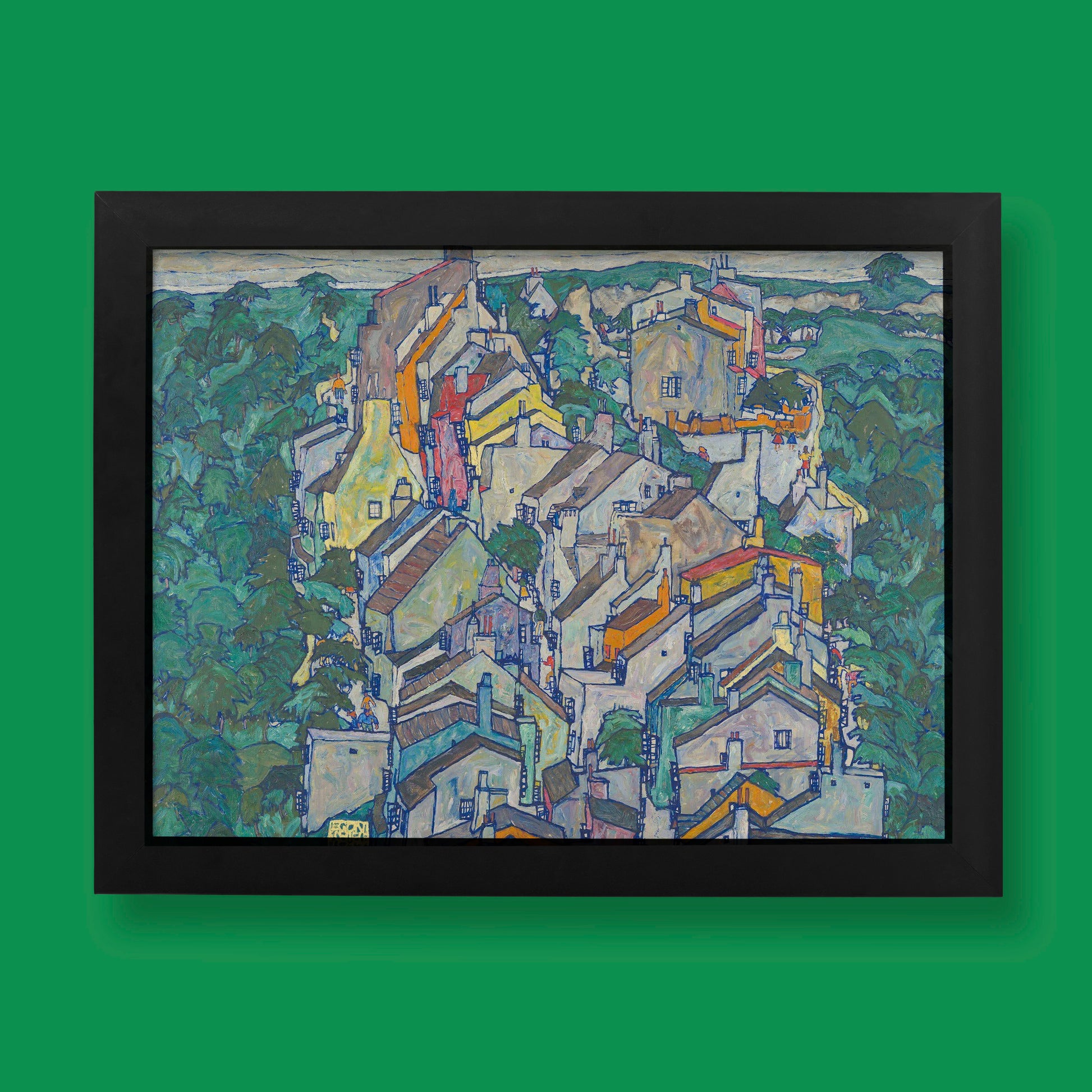 Egon Schiele Town among Greenery art print showing colourful houses with terracotta roofs nestled among lush green trees in Krumau, Bohemia - fine art poster for wall decor