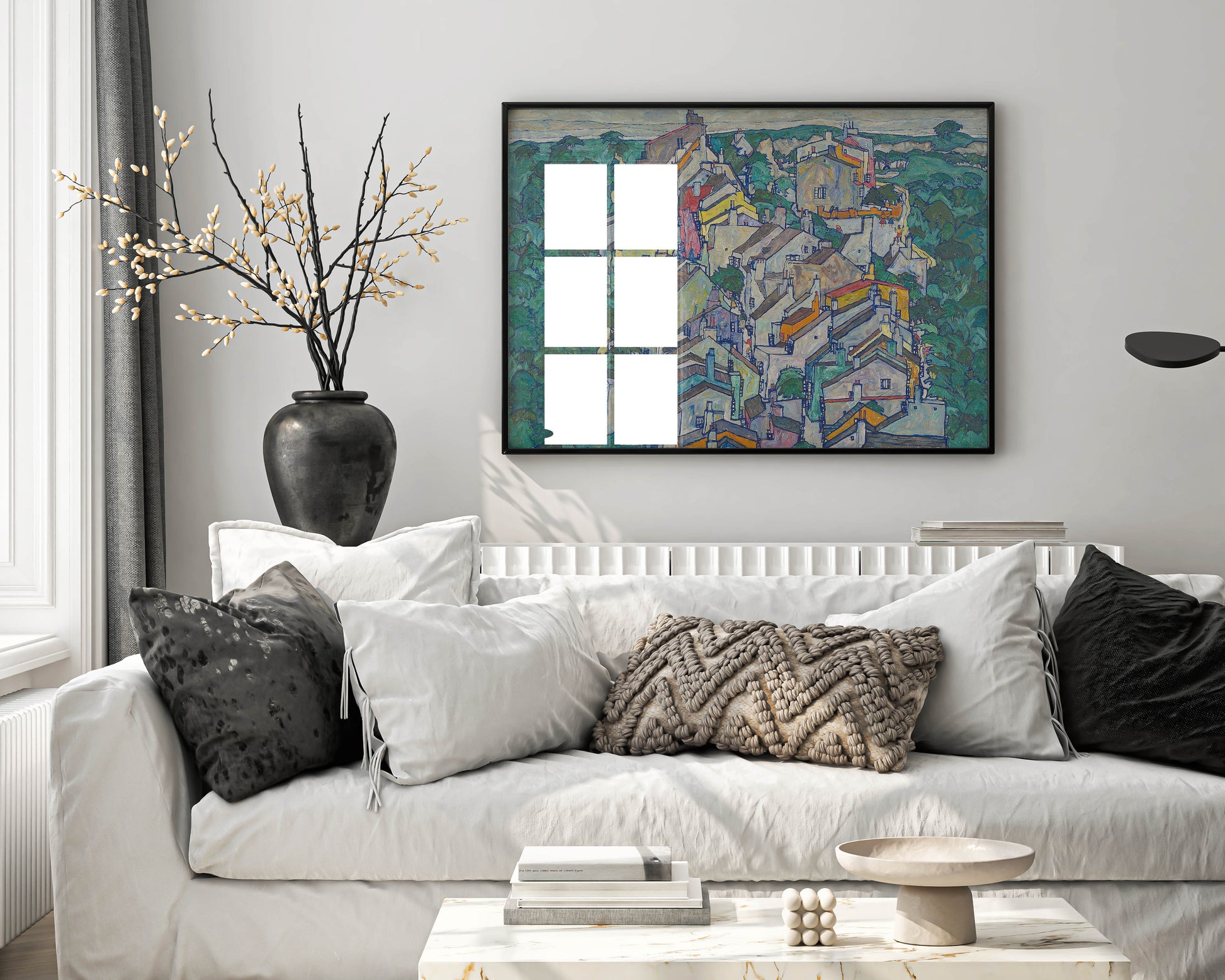 Egon Schiele Town among Greenery framed art print displayed on wall showing colourful Bohemian townscape with green foliage - modern home interior wall art decor