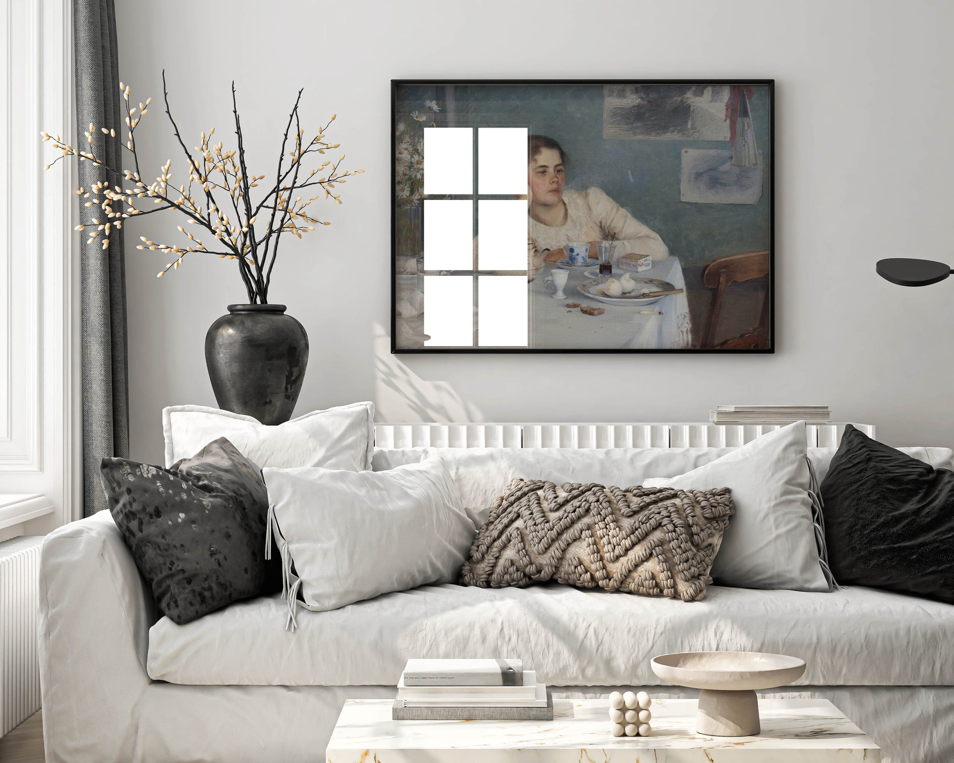 Framed Elin Danielson-Gambogi After Breakfast art print hanging on wall, premium framed wall art for dining room and living space decor
