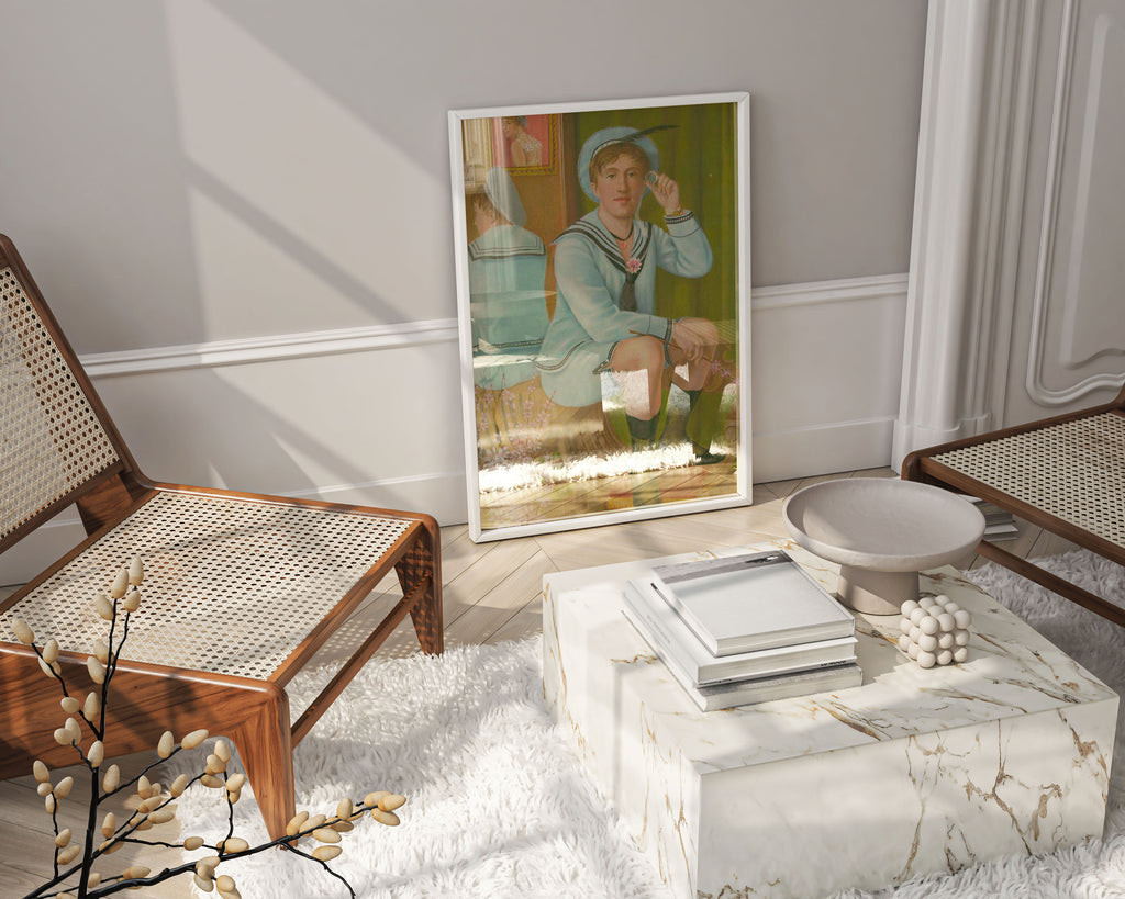 A beautiful and elegant luxury living room interior with a large framed print of Elisàr von Kupffer's self-portrait hanging on a wall, adding a sophisticated and artistic focal point.