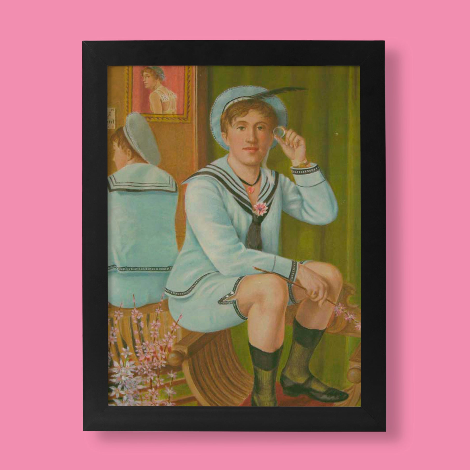 A self-portrait of Elisàr von Kupffer, a historical queer artist, sitting and holding a monocle, wearing a sailor-inspired suit with a pink flower, from the Clarism period.
