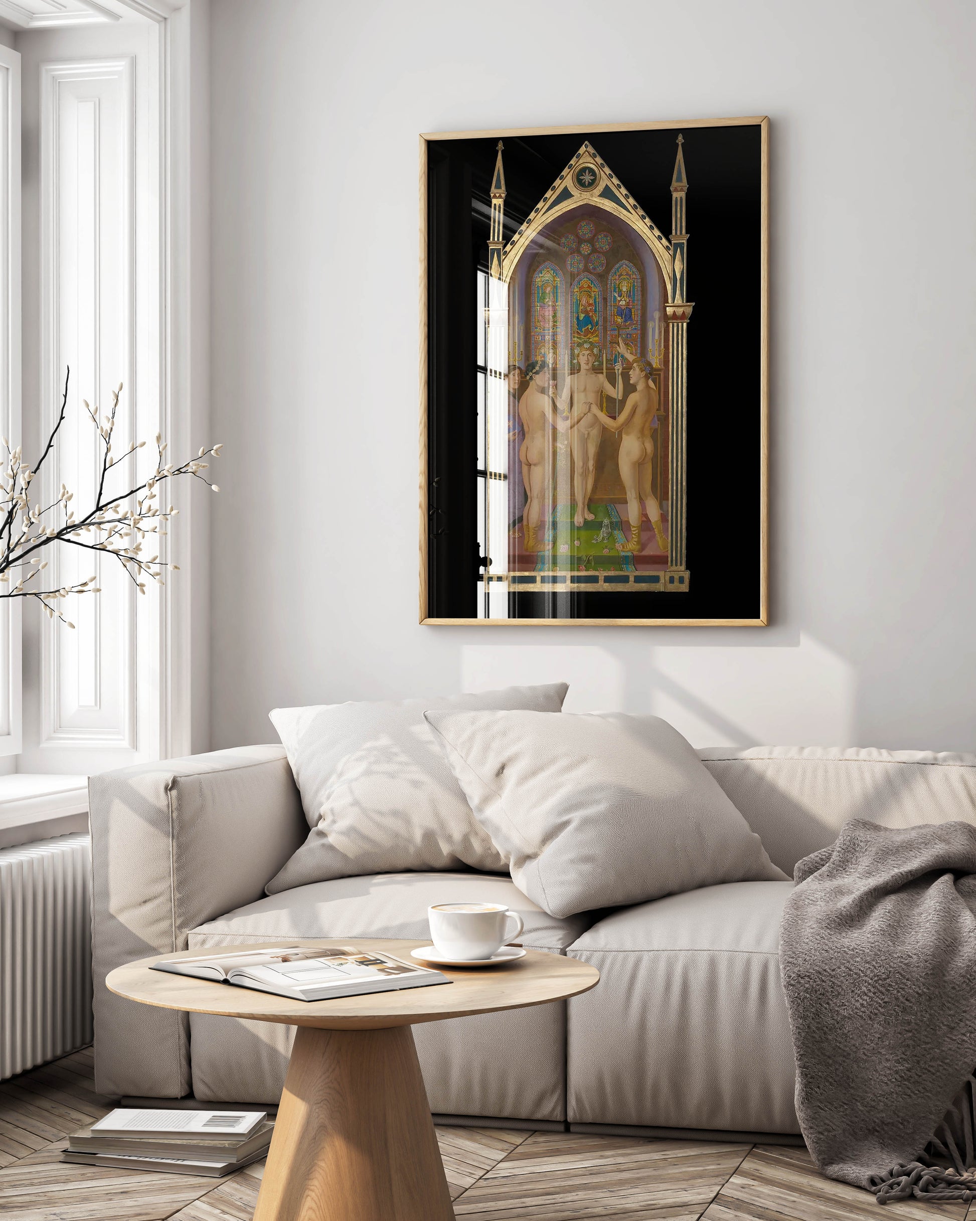 Elisàr von Kupffer's 'The New Union' print, elegantly framed and displayed as a statement piece of wall art in a luxury, modern interior living room with high-end furniture and natural light.