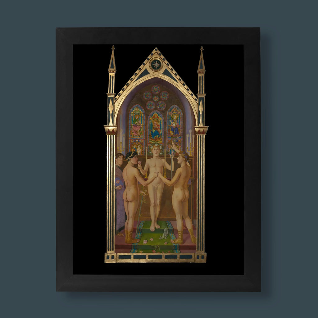A detailed giclée fine art print of Elisàr von Kupffer's painting 'The New Union,' depicting three nude, androgynous figures in an Art Nouveau-style temple setting, representing queer art.
