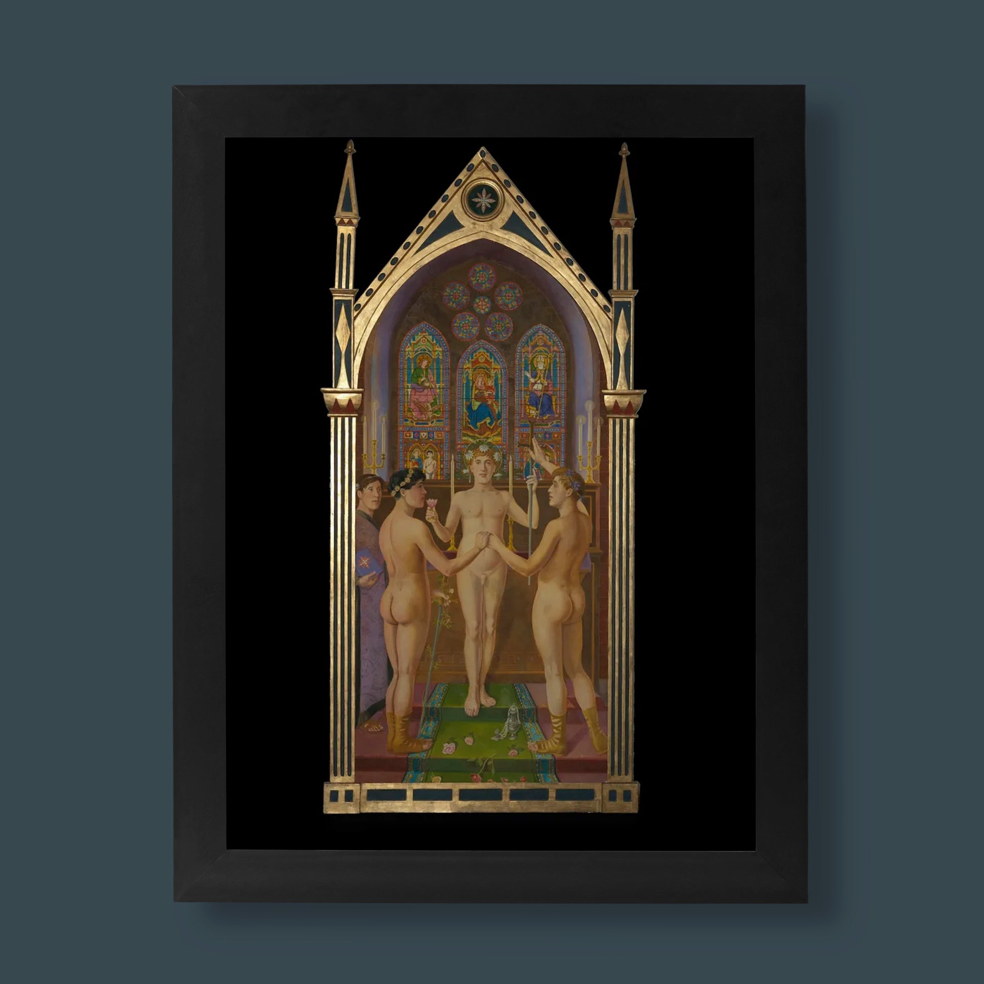 A detailed giclée fine art print of Elisàr von Kupffer's painting 'The New Union,' depicting three nude, androgynous figures in an Art Nouveau-style temple setting, representing queer art.