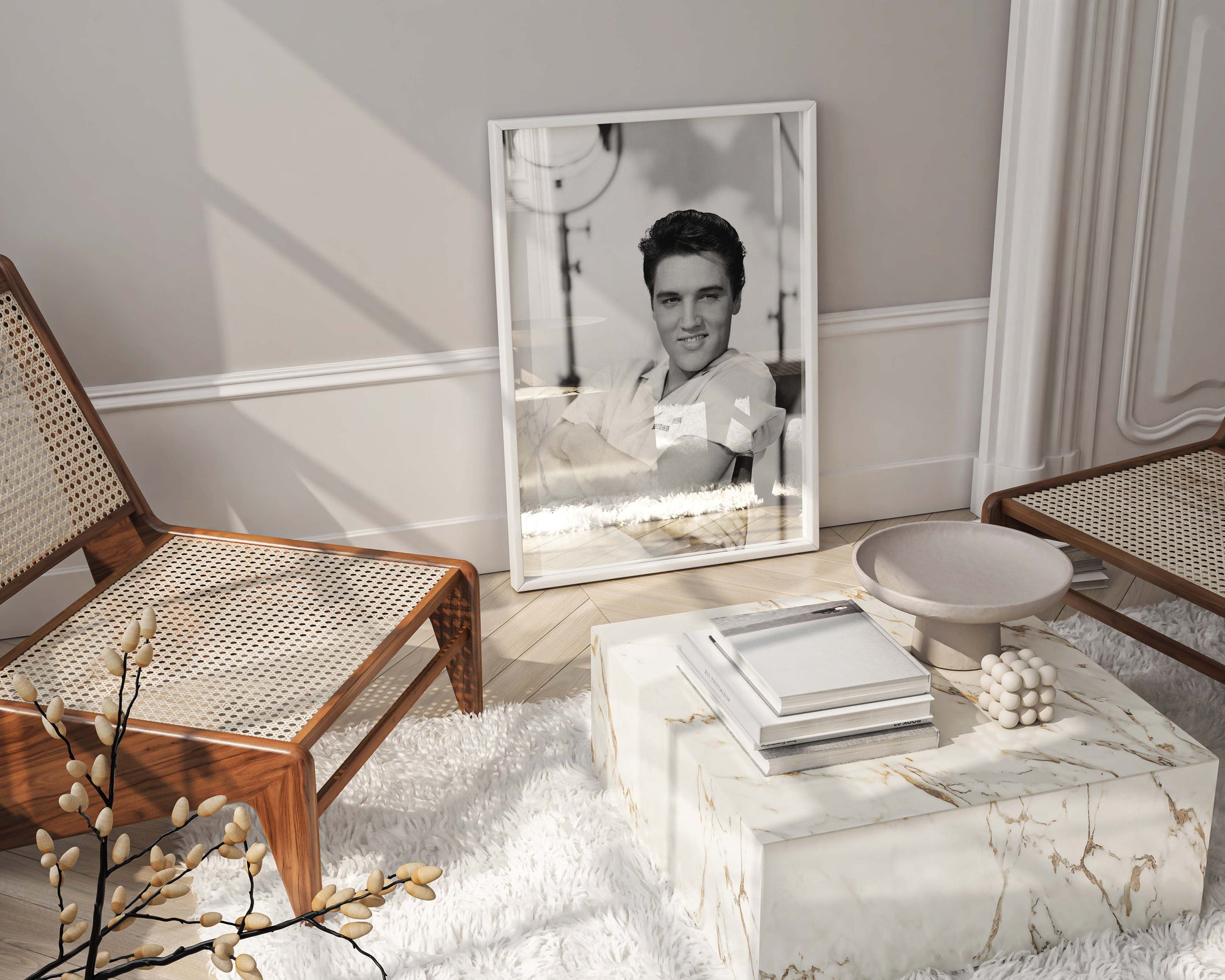 Framed Elvis Presley fine art print, a sophisticated piece of wall art perfect for a luxury living room and elegant home decor.
