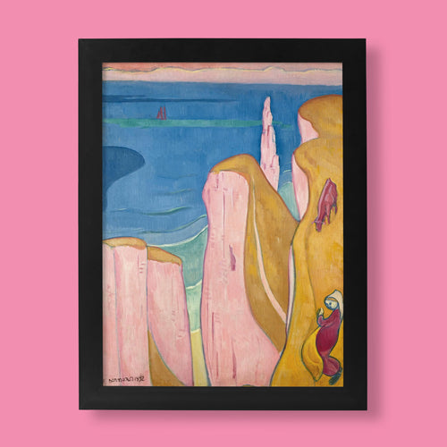 A museum quality Giclée fine art print of Émile Bernard’s 1892 masterpiece The Cliffs of Yport, featuring vibrant pink cliffs and a deep blue sea in the iconic Cloisonnism style.