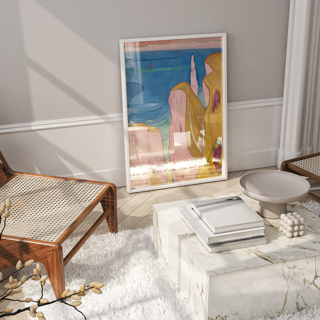 Detailed landscape art prints of the Normandy coast by Post Impressionist pioneer Émile Bernard, featuring a simplified figure and a cow amongst golden and pink cliffs.